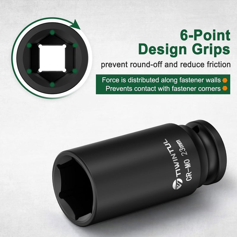 TIWINTUL 23mm Impact Socket 1/2 Inch Drive, Deep CR-MO Steel Impact Socket, 3.07" Length, 6 Point Design, Metric Size Socket for Automotive and Mechanical Equipment Maintenance - Image 3